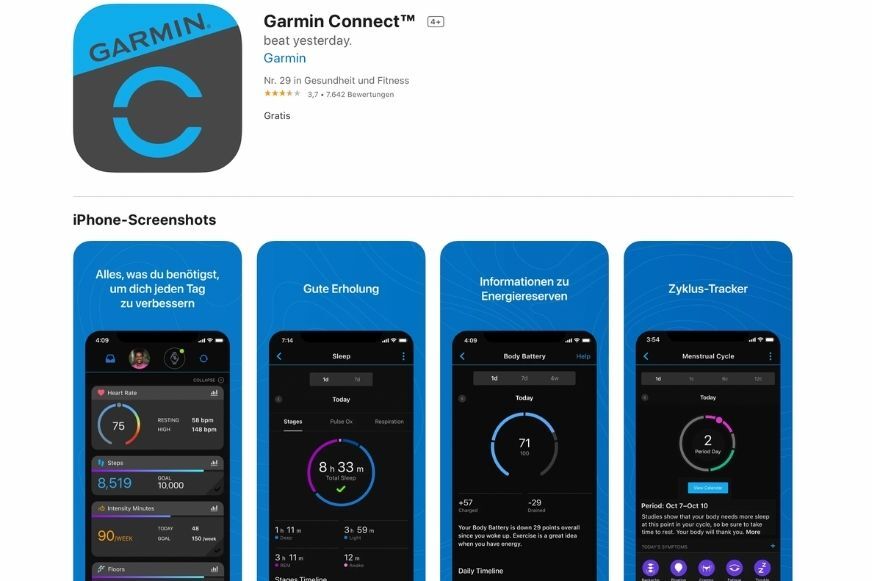 Man sieht die Garmin Connect App im Apple App Store